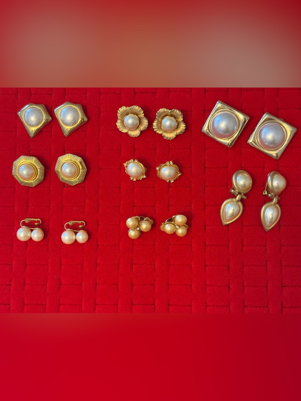 Vintage Matte Gold-Tone Faux Pearl Earrings Lot 8 Pairs